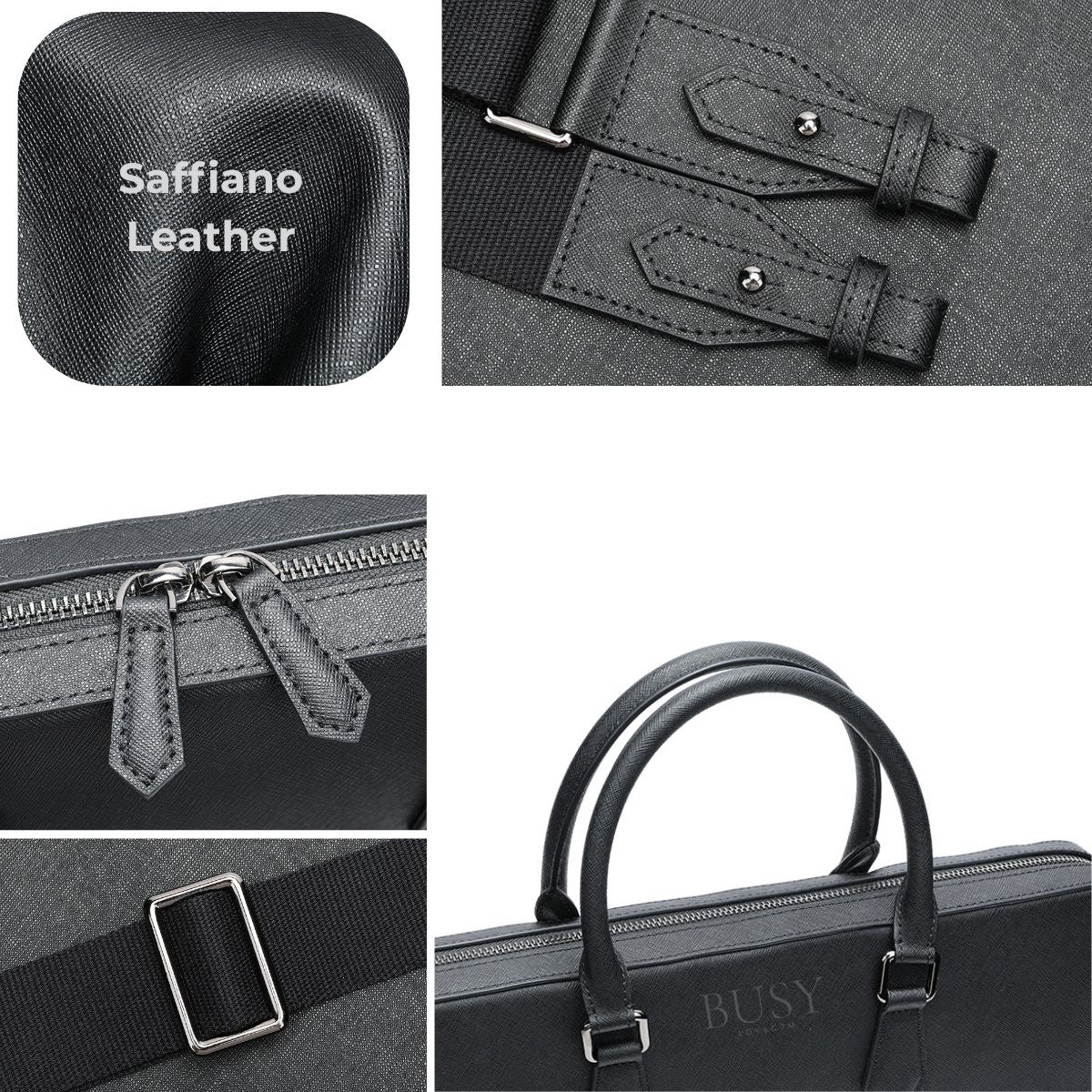 Geantă laptop 14’' din piele naturală Saffiano, slim, suport troler - Negru