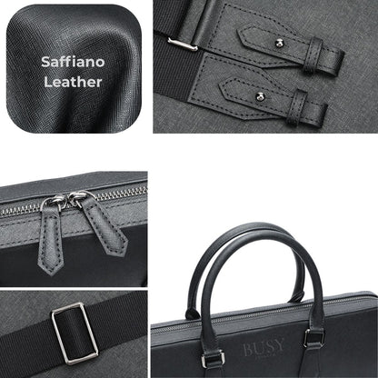 Geantă laptop 14’' din piele naturală Saffiano, slim, suport troler - Negru