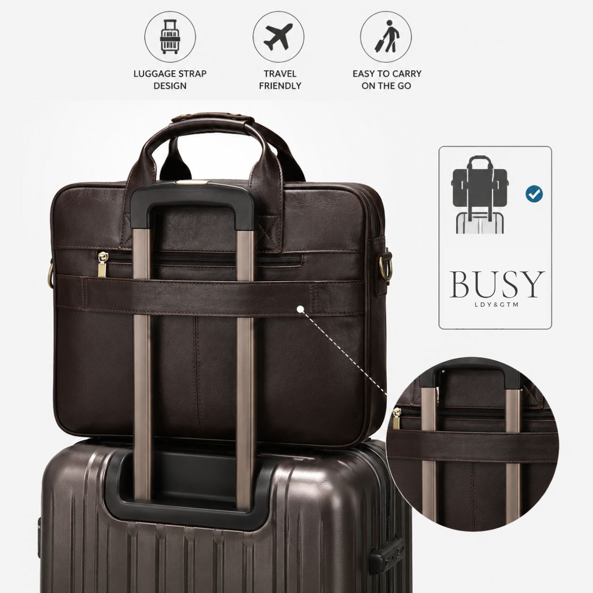 Geanta laptop 15,6 inch din piele naturală, suport troler, Tor - Coffee