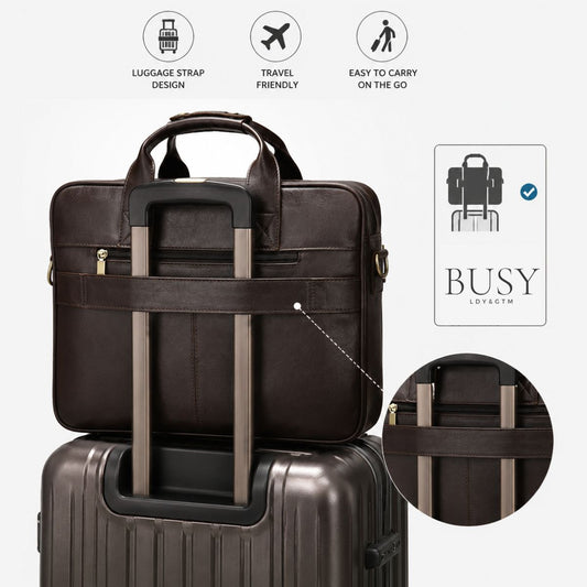 Geanta laptop 15,6 inch din piele naturală, suport troler, Tor - Coffee