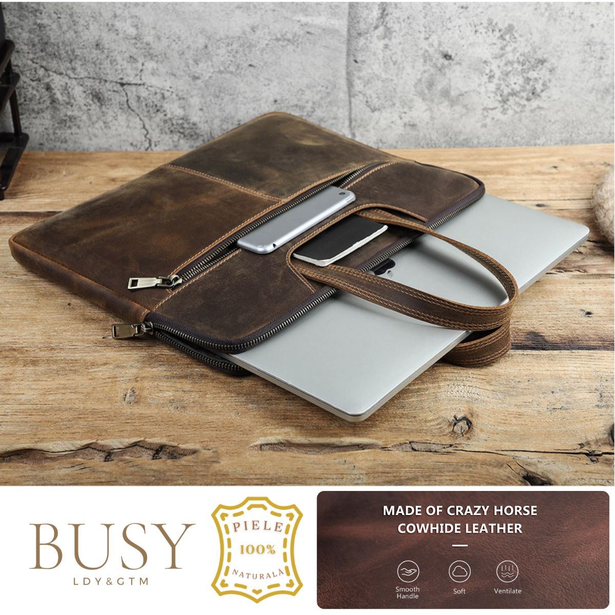 Geanta laptop 15inch din piele naturală Crazy Horse, slim, business, BUSY LDY & GTM® Legacy - coffe