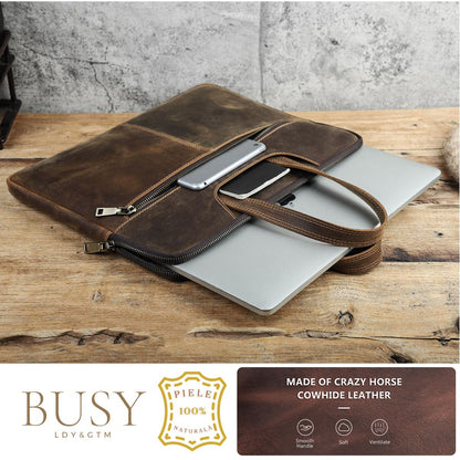 Geanta laptop 15inch din piele naturală Crazy Horse, slim, business, BUSY LDY & GTM® Legacy - coffe