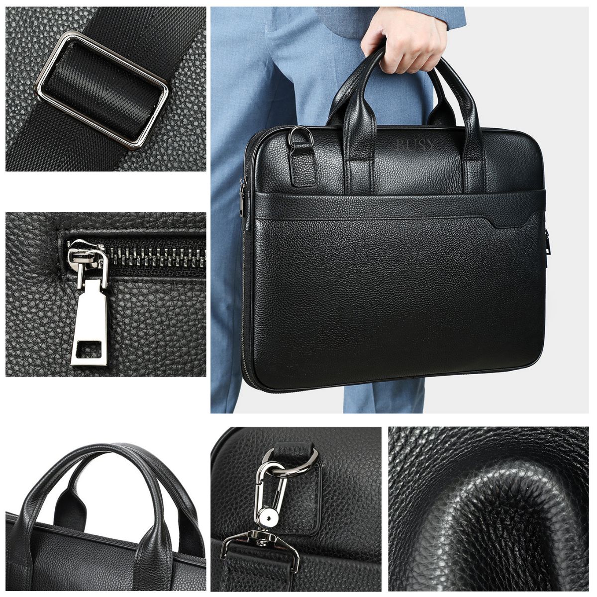 Geanta laptop 15inch piele naturala, slim, BUSY Lady & Gentleman® Delta - neagra
