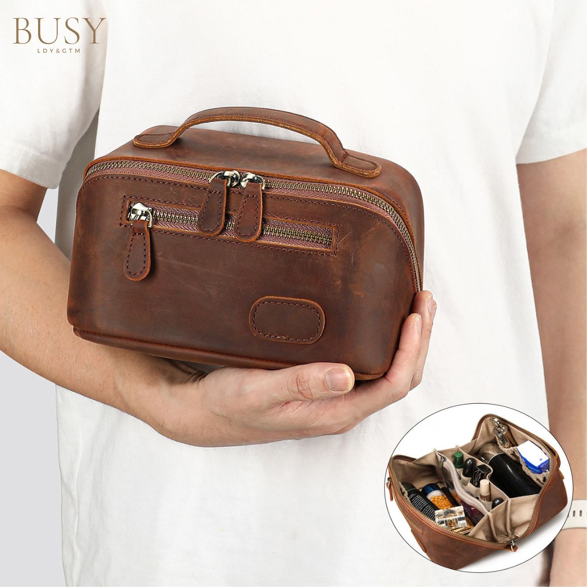 Geantă pentru cosmetice Sole din piele naturală Crazy Horse – organizare premium pentru voiaj | BUSY LDY & GTM®