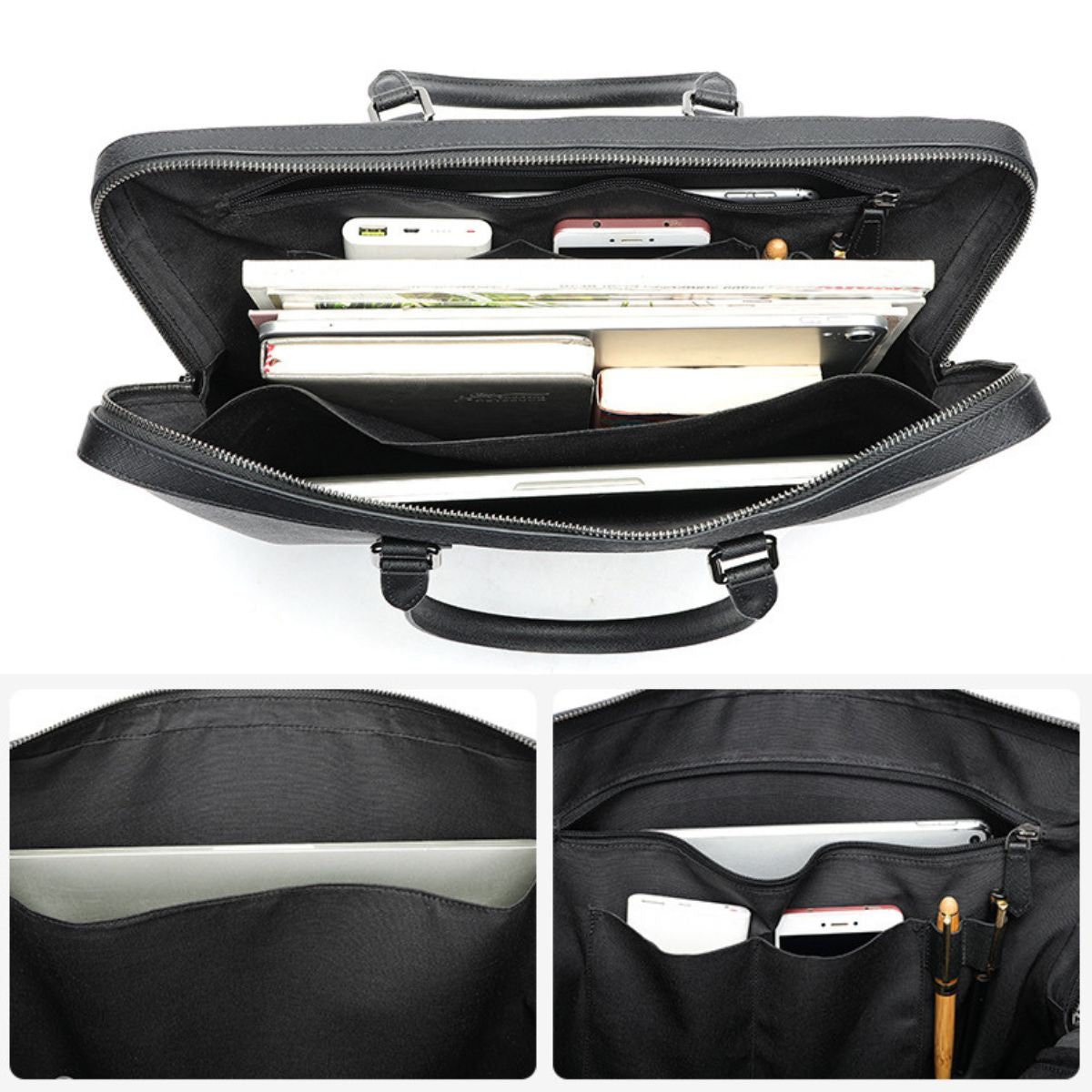Geantă laptop 14’' din piele naturală Saffiano, slim, suport troler - Negru