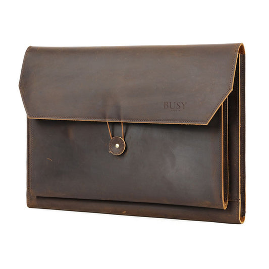 Husa laptop 14 inch din piele naturala Crazy Horse, BUSY LDY&GTM® Elegance, Slim, Maro