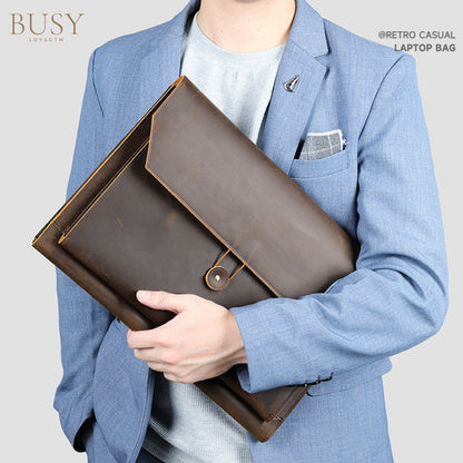 Husa laptop 14 inch din piele naturala Crazy Horse, BUSY LDY&GTM® Elegance, Slim, Maro
