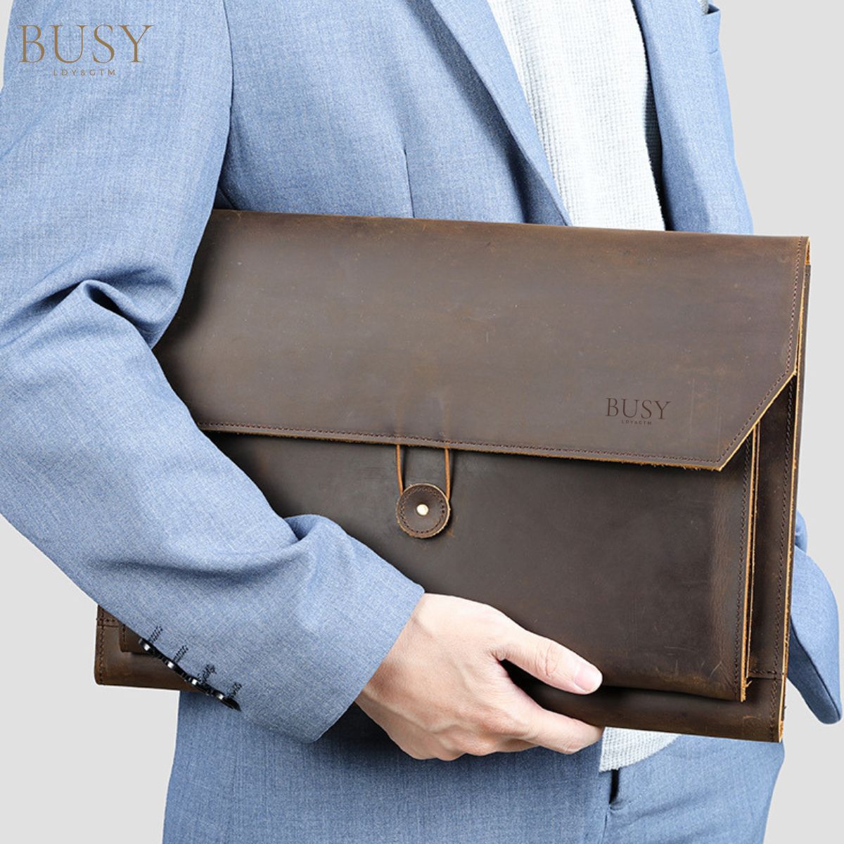 Husa laptop 14 inch din piele naturala Crazy Horse, BUSY LDY&GTM® Elegance, Slim, Maro