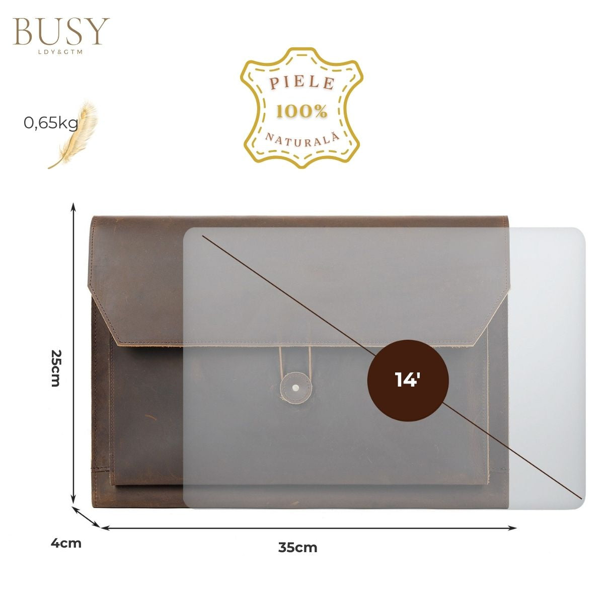Husa piele naturala laptop 15,6 - 14 inch, slim Elegance Busy Lady & Gentleman maro