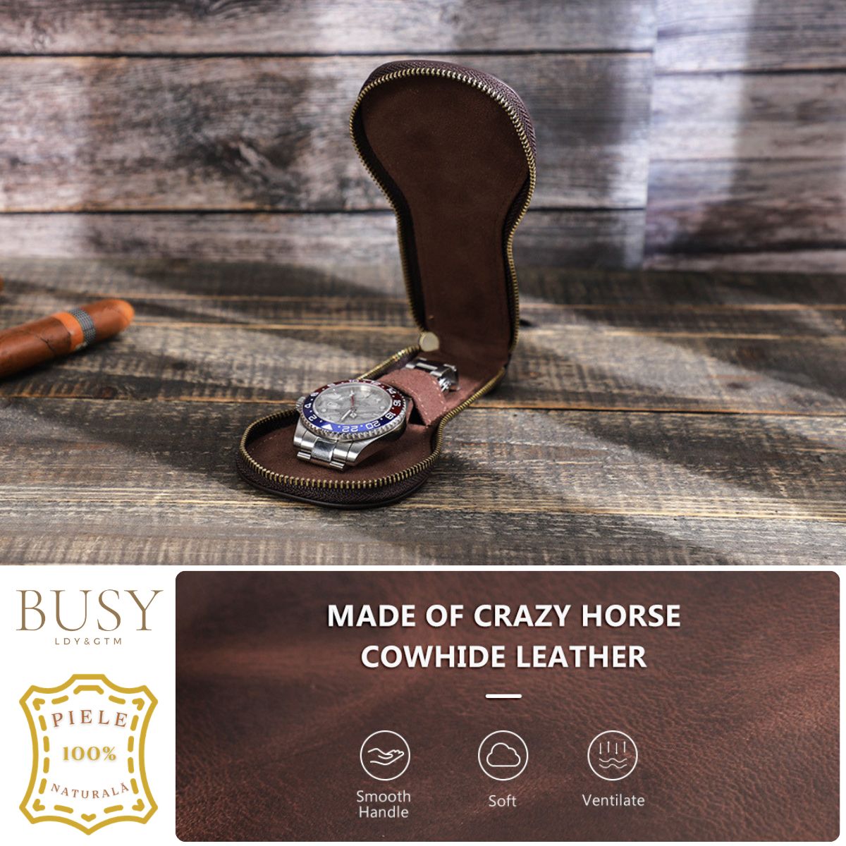 Husă ceas din piele naturala Crazy Horse, Skate BUSY LDY & GTM® - coffee