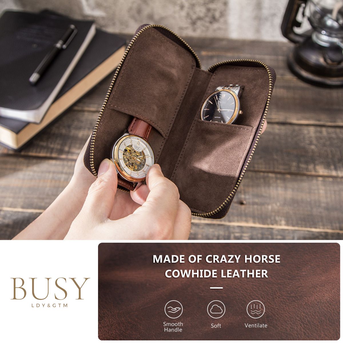 Husă ceasuri din piele naturala Crazy Horse, 2 ceasuri, Skate, BUSY LDY & GTM® - coffee
