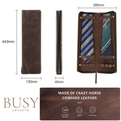 Husă cravata si butoni din piele naturala Crazy Horse, 2 cravate, BUSY LDY & GTM® - coffee