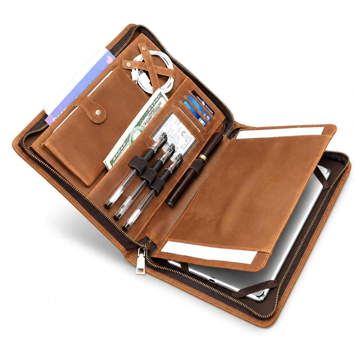 Mapa organizatoare din piele naturală, compartiment tableta - smartphone - Orion Business - Maro