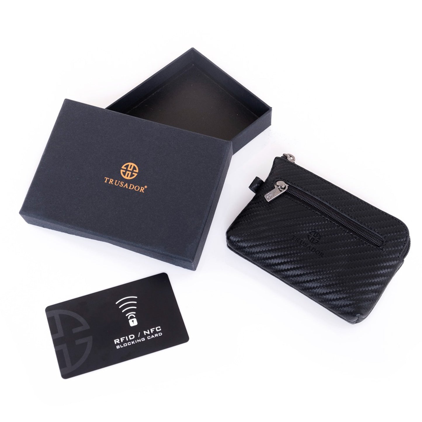 Portofel pouch din piele naturala mini cu fermoar Milano - negru carbon fiber