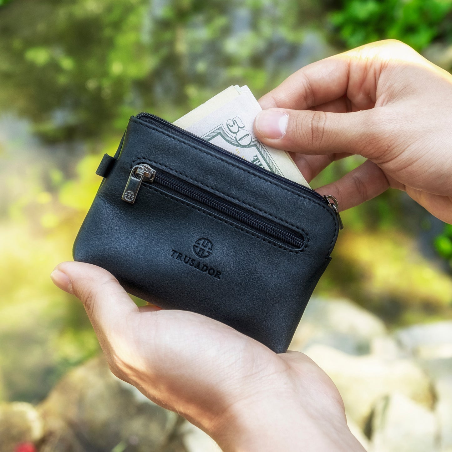 Portofel pouch din piele naturala mini cu fermoar Milano - negru