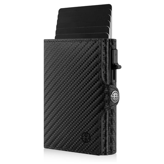 Portofel piele naturala cu Pop-Up si protectie anti scanare carduri RFID, design compact trifold, Palermo - negru carbon fiber