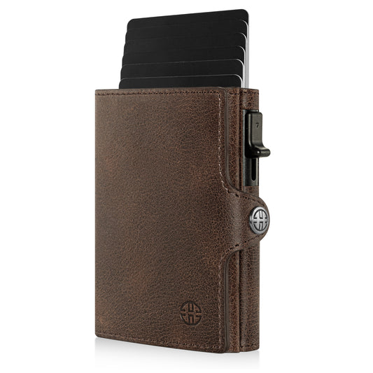 Portofel piele naturala cu Pop-Up si protectie anti scanare carduri RFID, design compact trifold, Palermo - maro