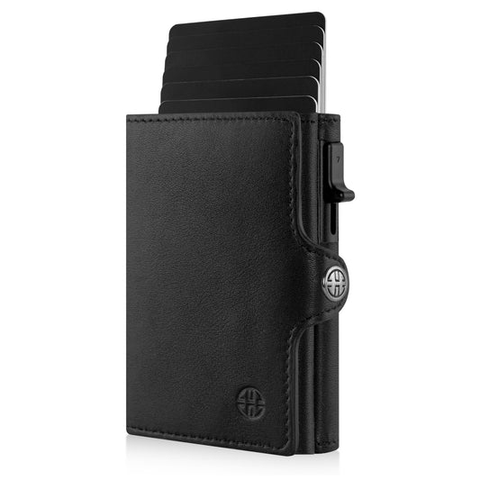 Portofel piele naturala cu Pop-Up si protectie anti scanare carduri RFID, design compact trifold, Palermo - negru