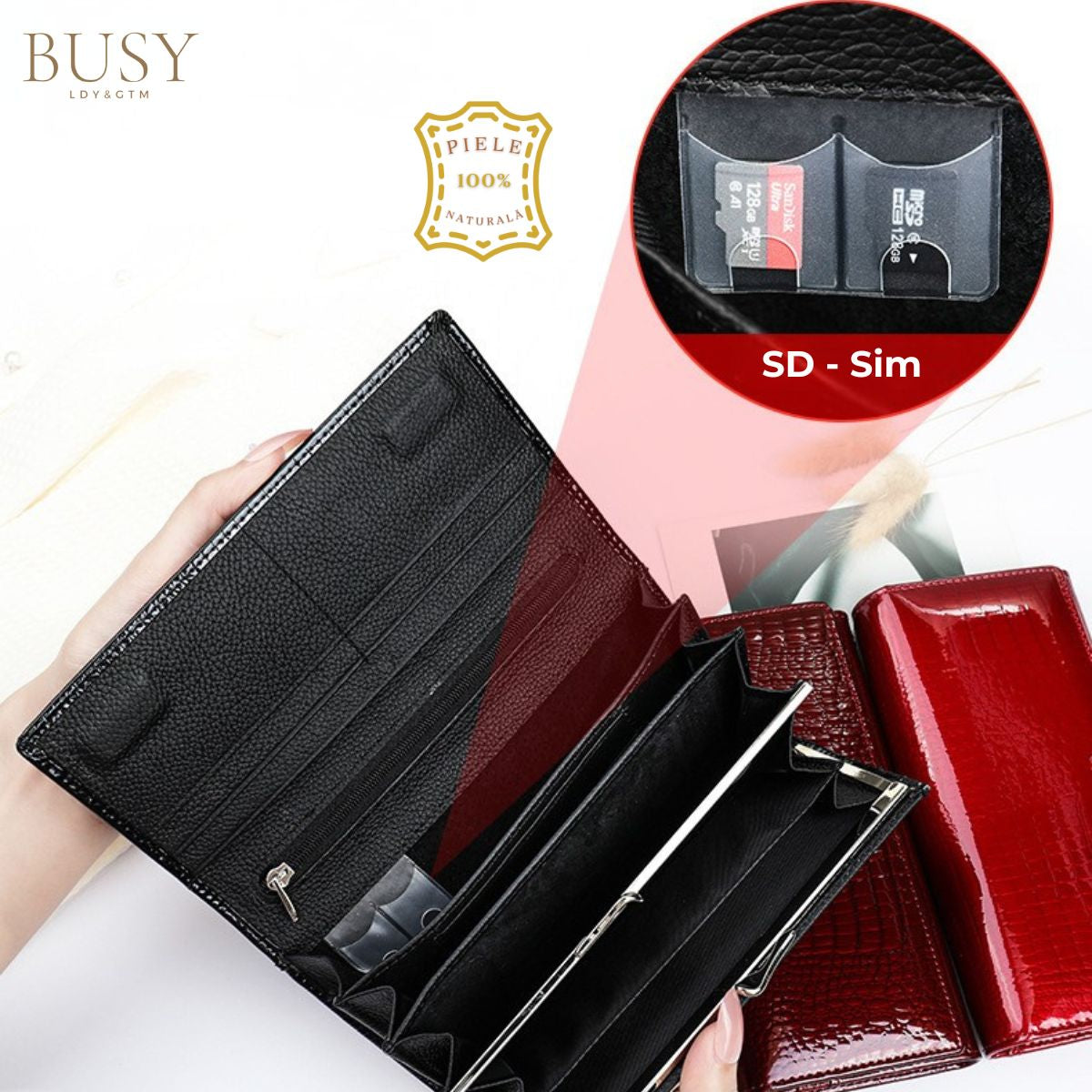 Portofel damă Ruby, piele naturală lăcuită, multe sloturi, inchidere magnetica, BUSY LDY & GTM®, red wine