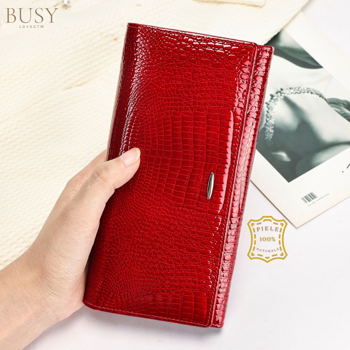 Portofel dama piele naturala lacuita Ruby elegant Busy Lady & Gentleman rosu