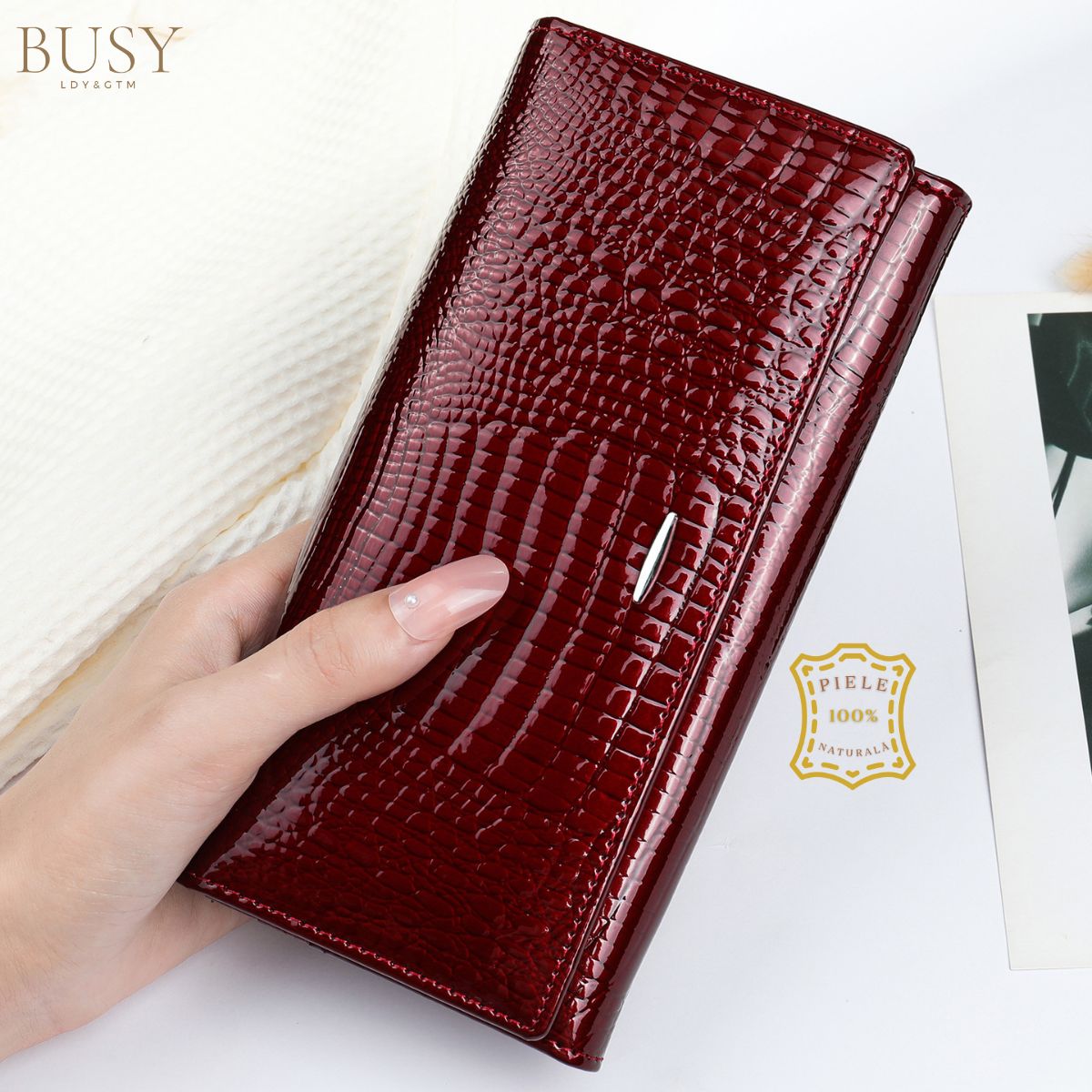 Portofel damă Ruby, piele naturală lăcuită, multe sloturi, inchidere magnetica, BUSY LDY & GTM®, red wine