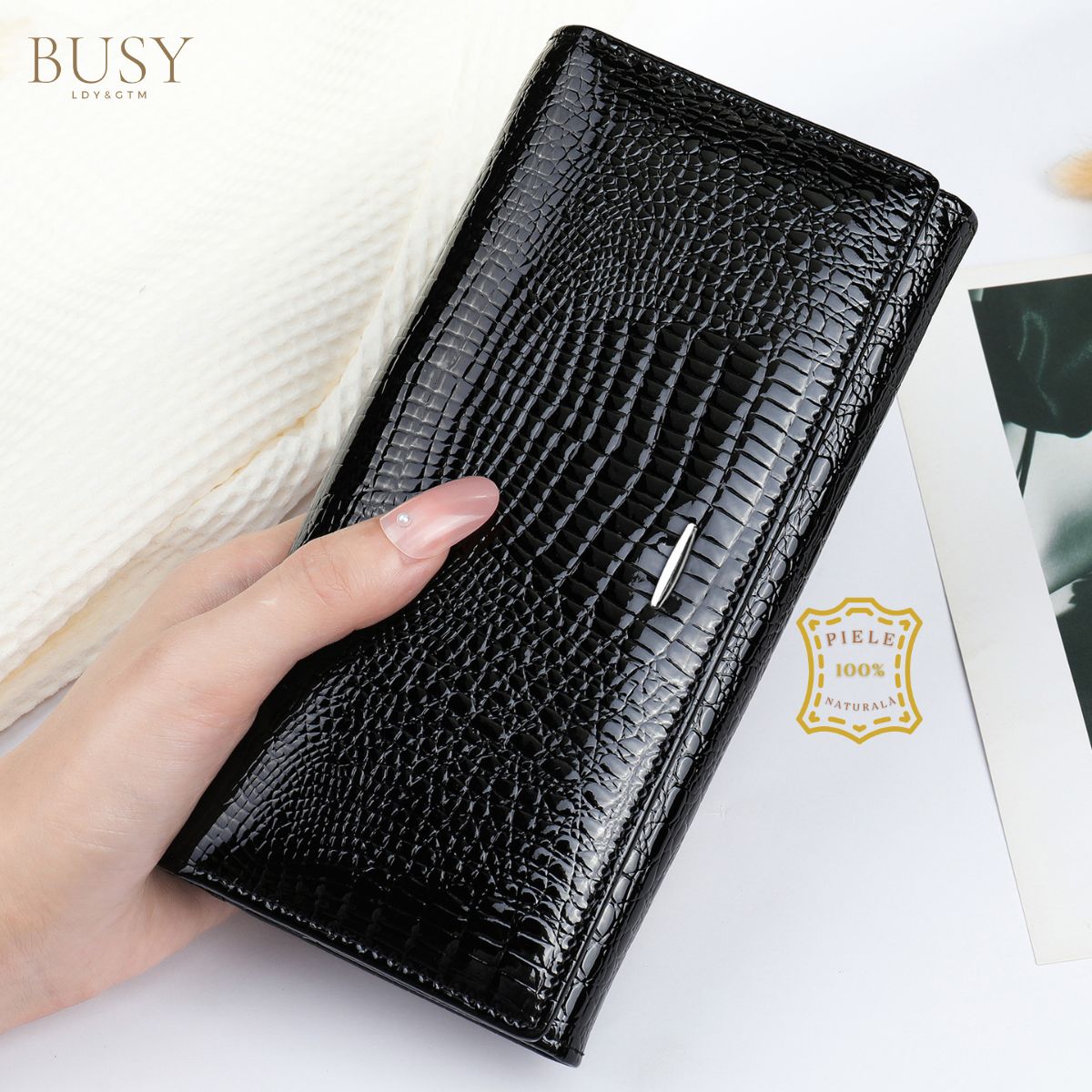 Portofel dama piele naturala lacuita Ruby elegant Busy Lady & Gentleman negru