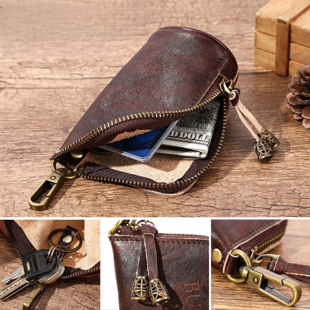 Portofel pouch din piele naturala BUSY - Maro