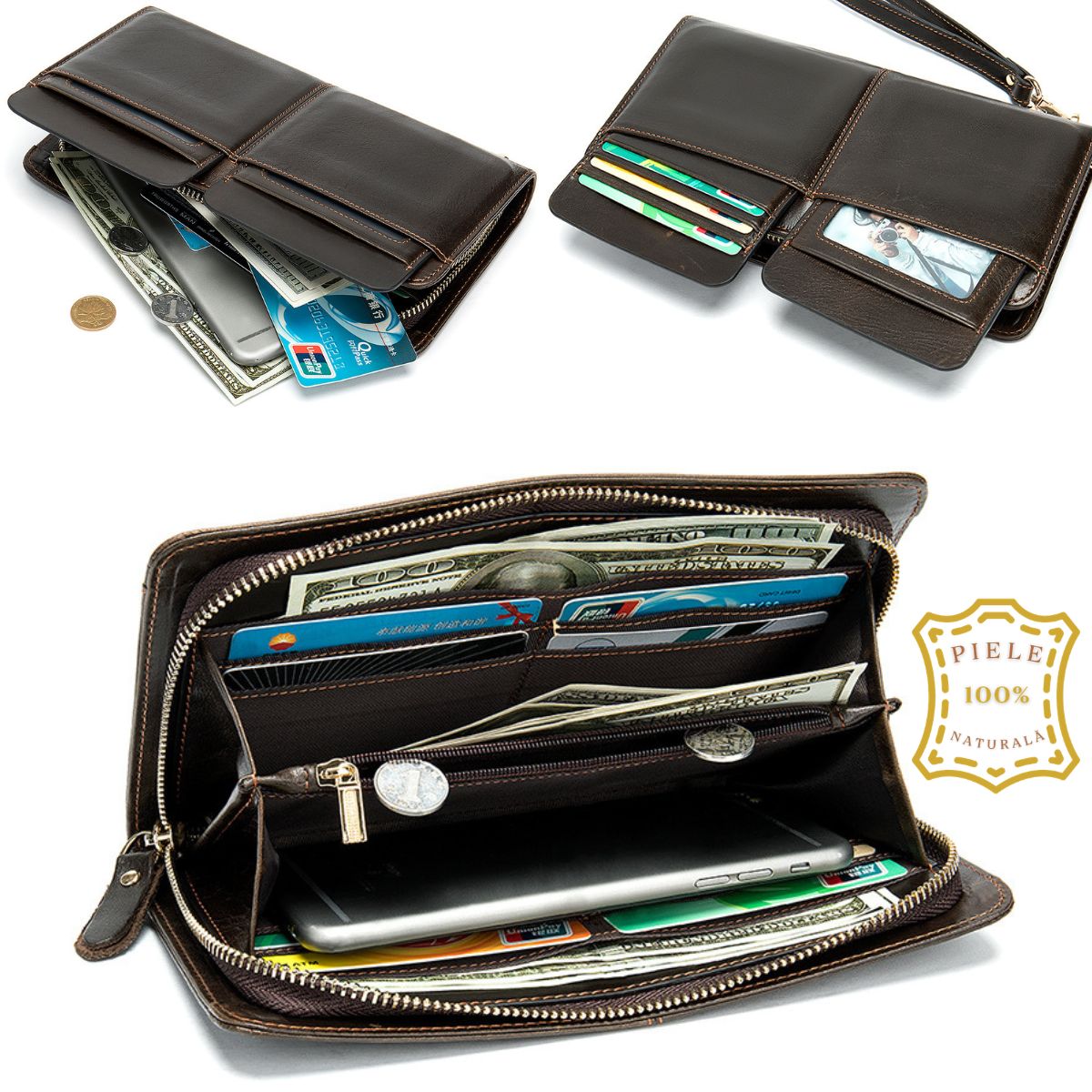 Portofel mare tip geanta mana piele naturala Noir Busy Lady & Gentleman maro inchis