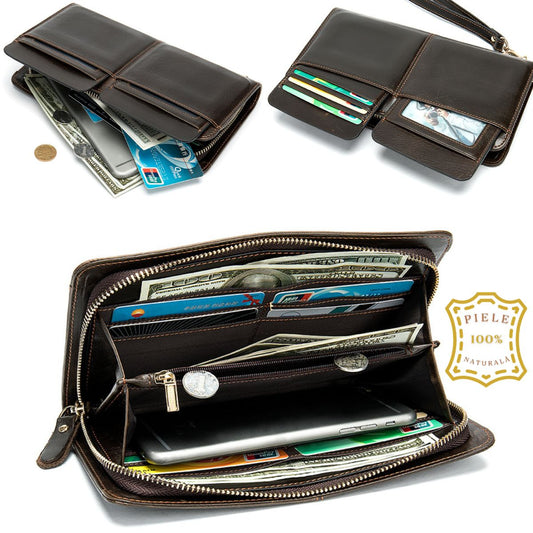 Portofel mare tip geanta mana piele naturala Noir Busy Lady & Gentleman maro inchis