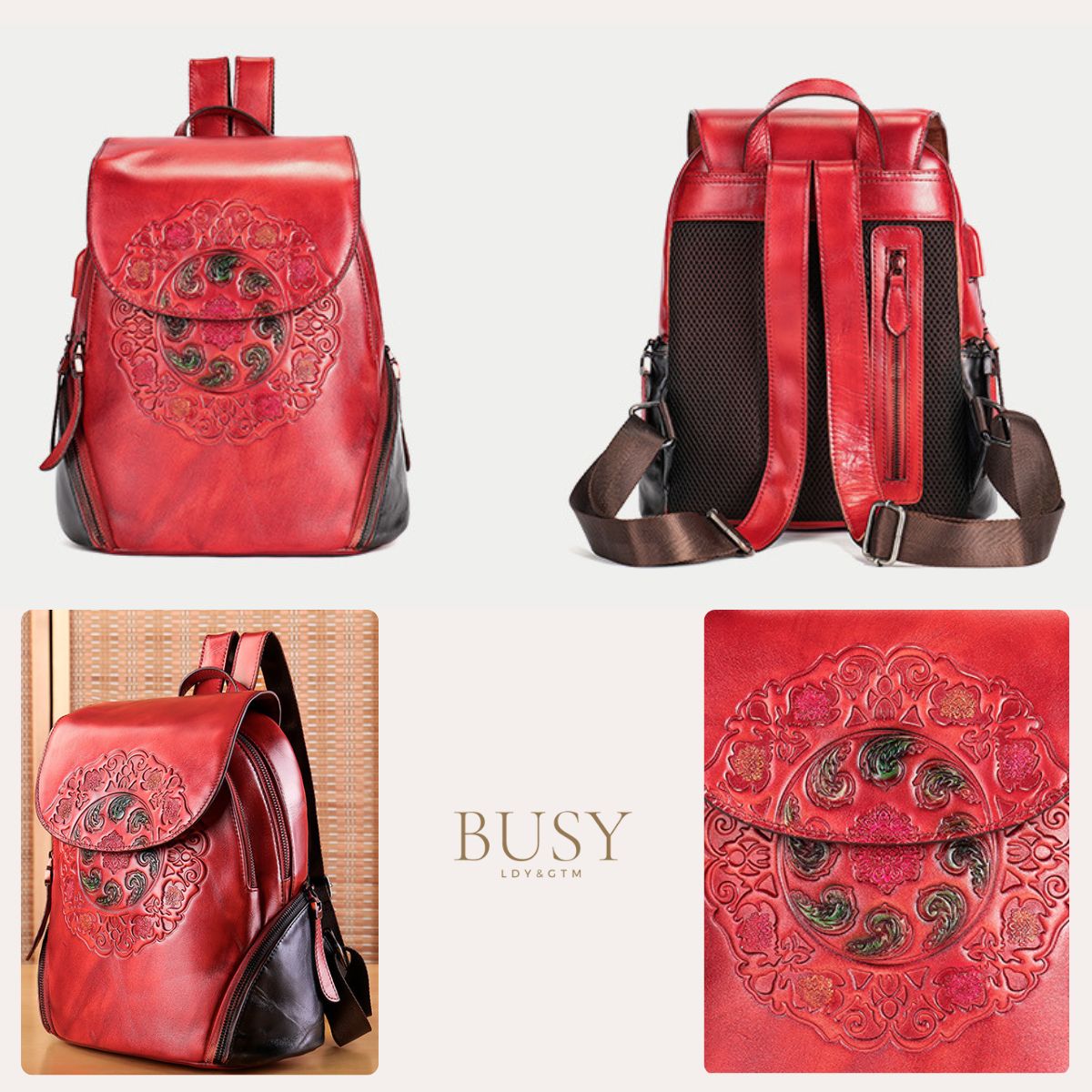 Rucsac dama din piele naturală Sofia, Busy Lady & Gentleman, rosu