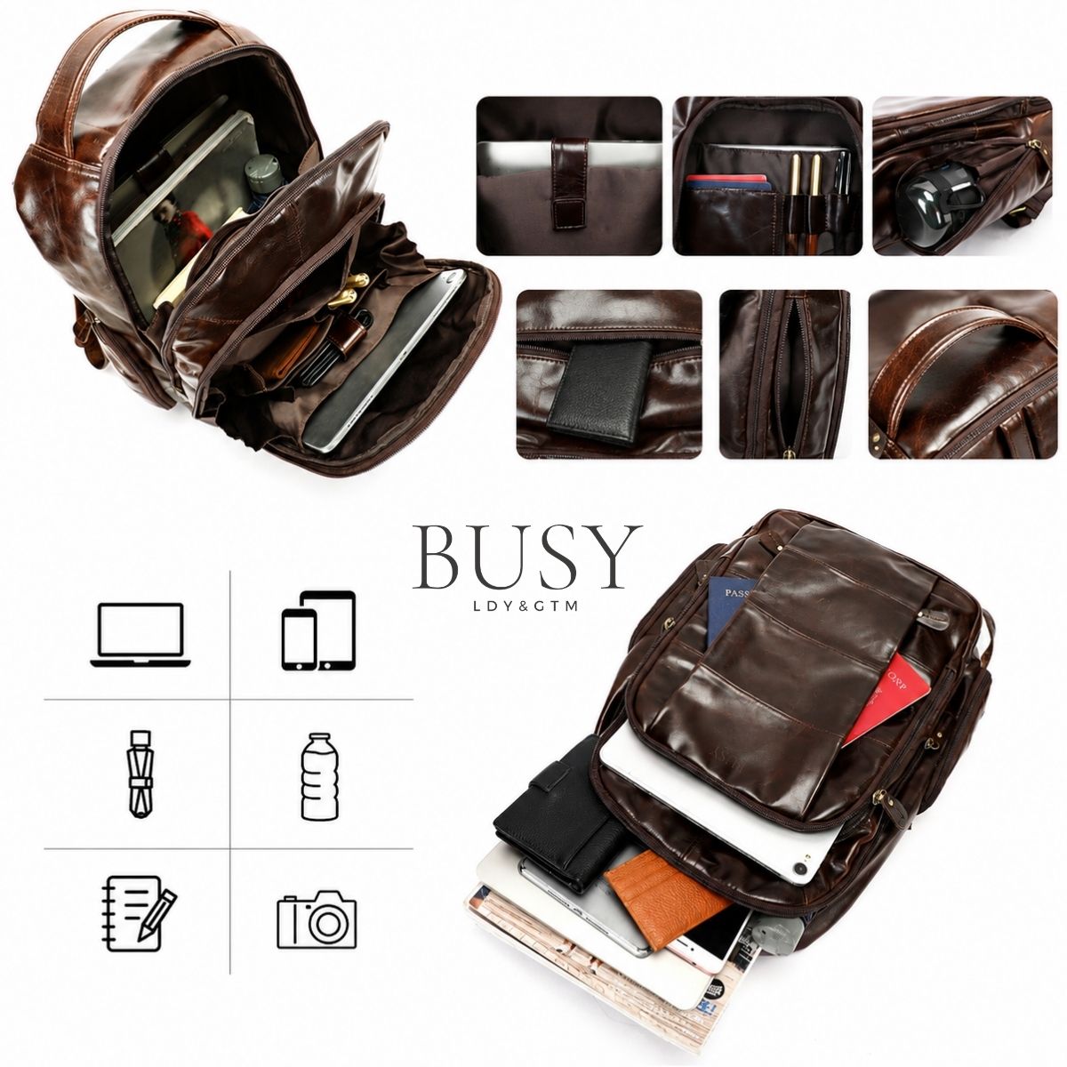 Rucsac laptop  din piele naturală BUSY Lady & Gentleman® Dalis - Oil Coffe