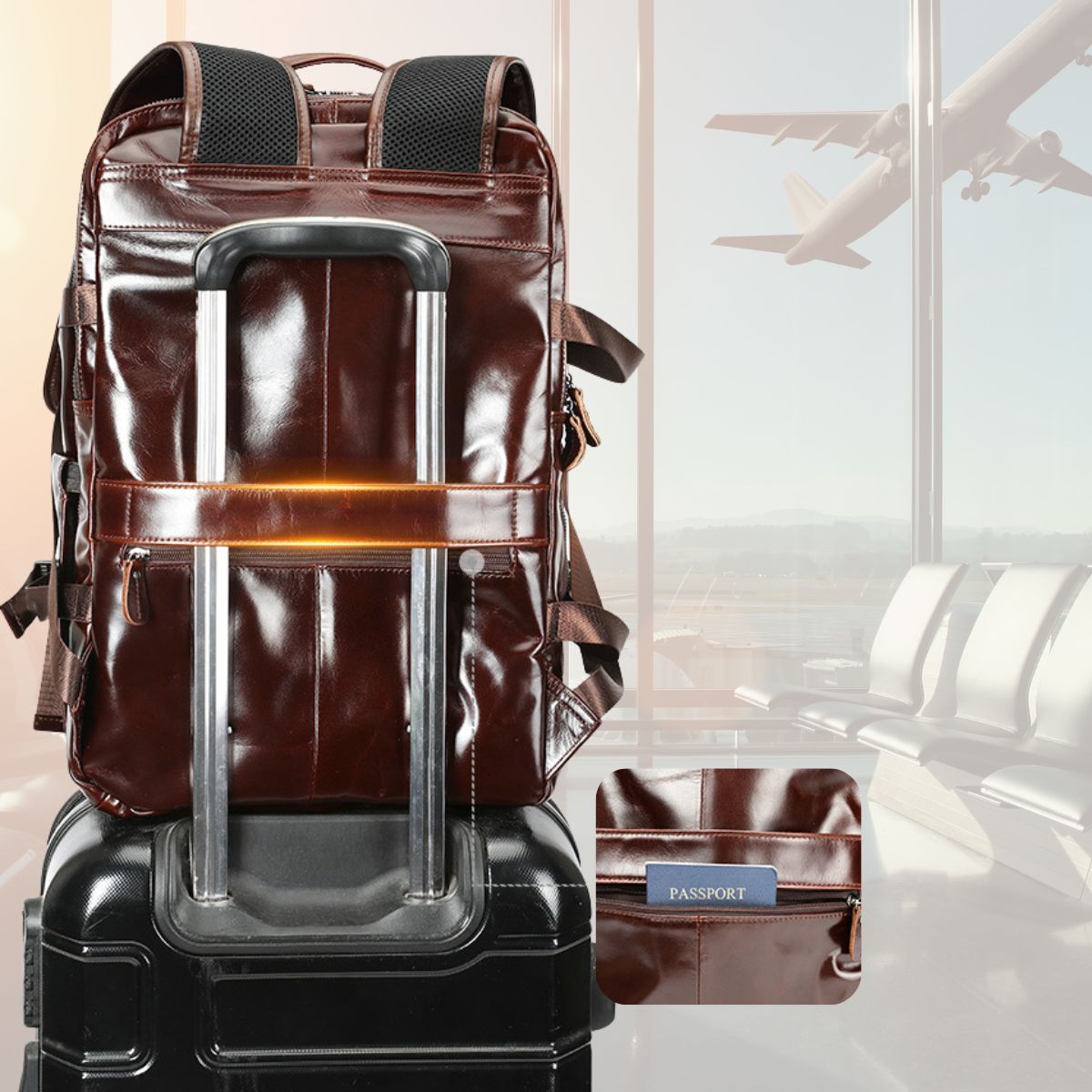 Rucsac laptop din piele naturală, compartiment incaltaminte, suport troler, USB, BUSY Lady & Gentleman® Rut - Oil Coffe