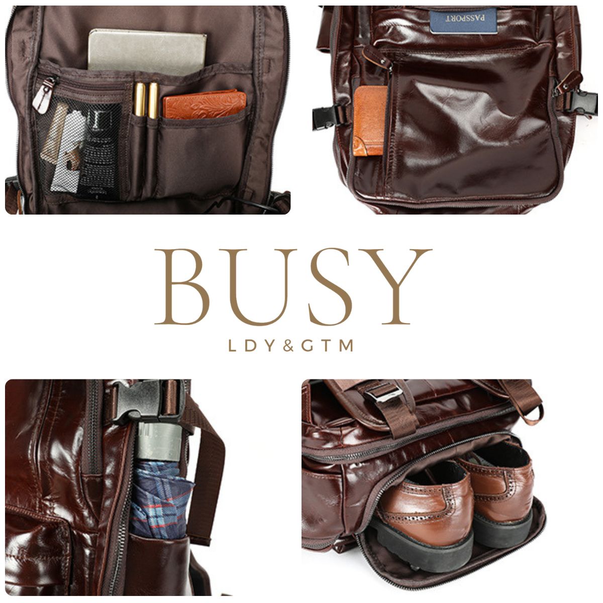 Rucsac laptop din piele naturală, compartiment incaltaminte, suport troler, USB, BUSY Lady & Gentleman® Rut - Oil Coffe