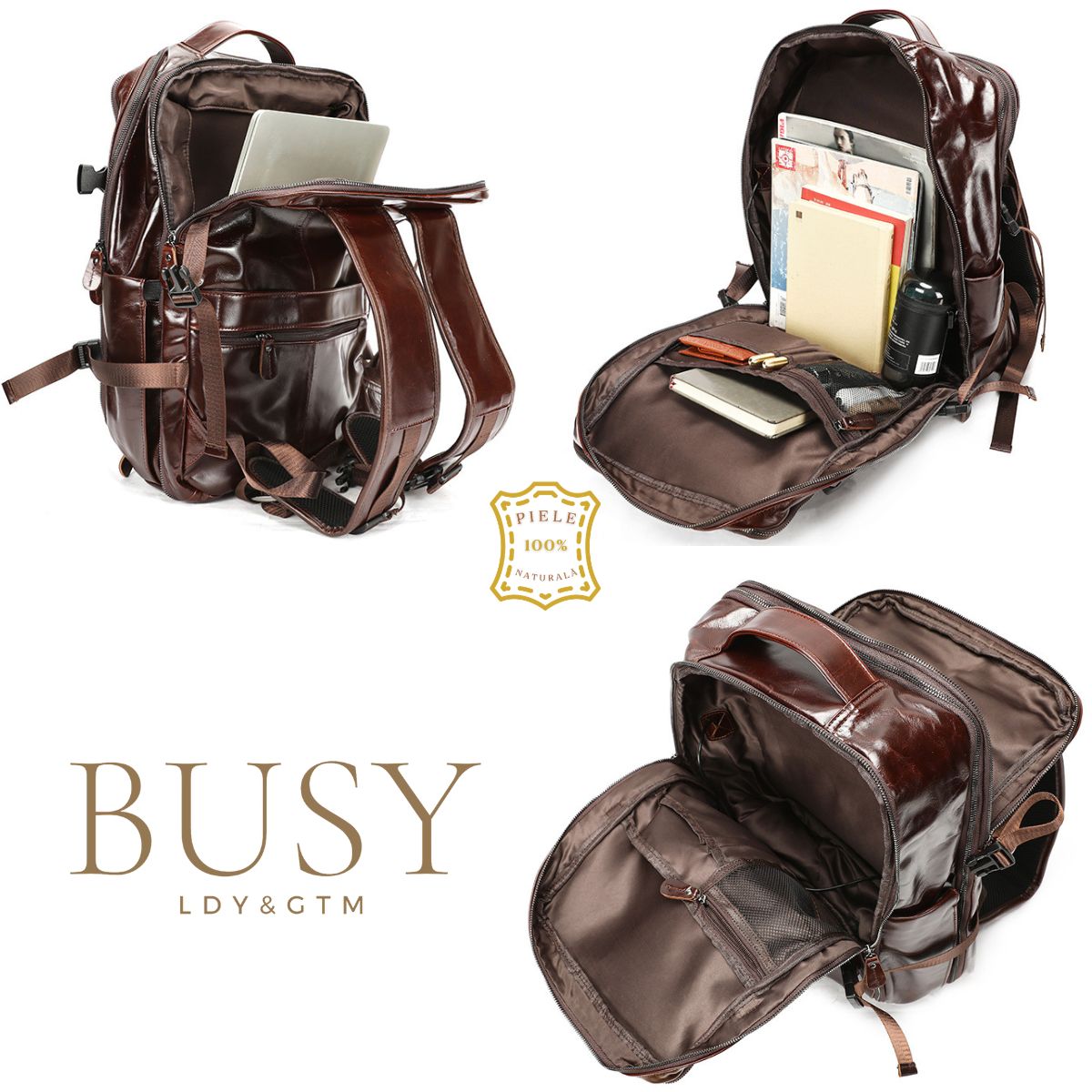 Rucsac laptop din piele naturală, compartiment incaltaminte, suport troler, USB, BUSY Lady & Gentleman® Rut - Oil Coffe