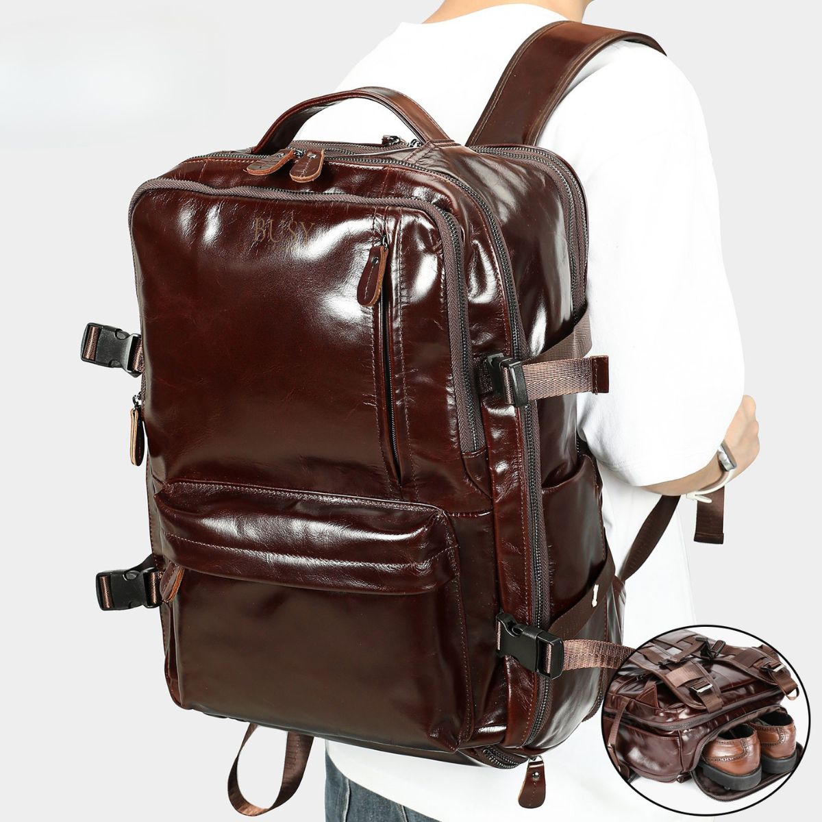 Rucsac laptop din piele naturală, compartiment incaltaminte, suport troler, USB, BUSY Lady & Gentleman® Rut - Oil Coffe