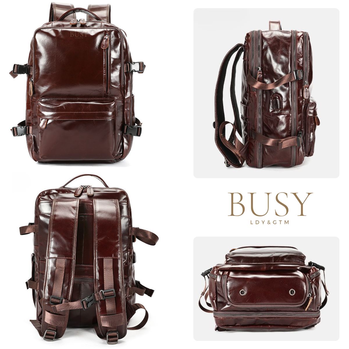 Rucsac laptop din piele naturală, compartiment incaltaminte, suport troler, USB, BUSY Lady & Gentleman® Rut - Oil Coffe