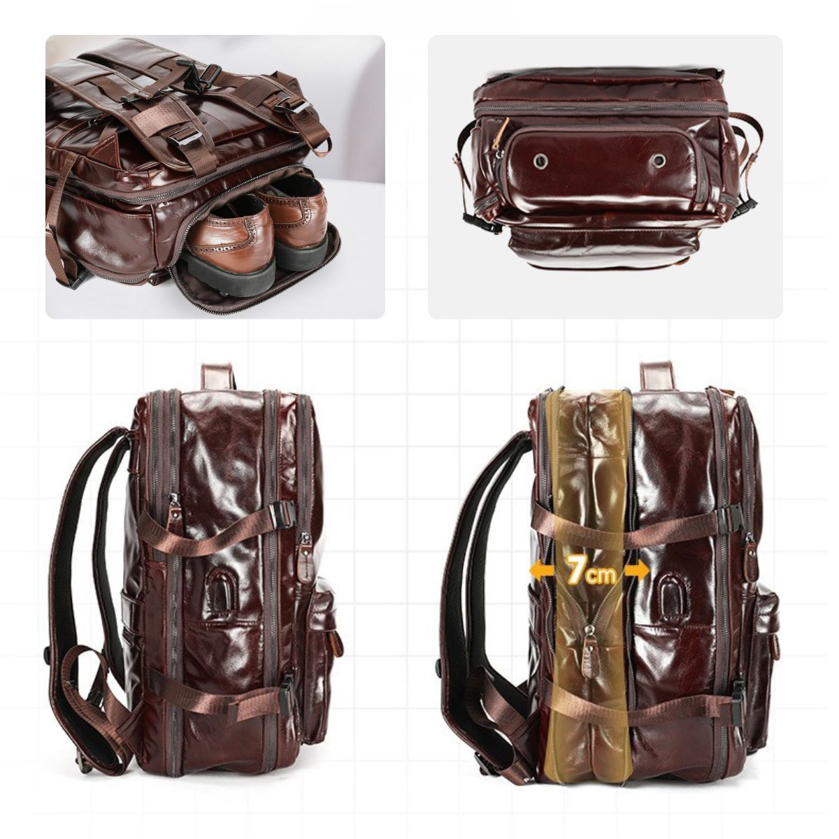 Rucsac laptop din piele naturală, compartiment incaltaminte, suport troler, USB, BUSY Lady & Gentleman® Rut - Oil Coffe