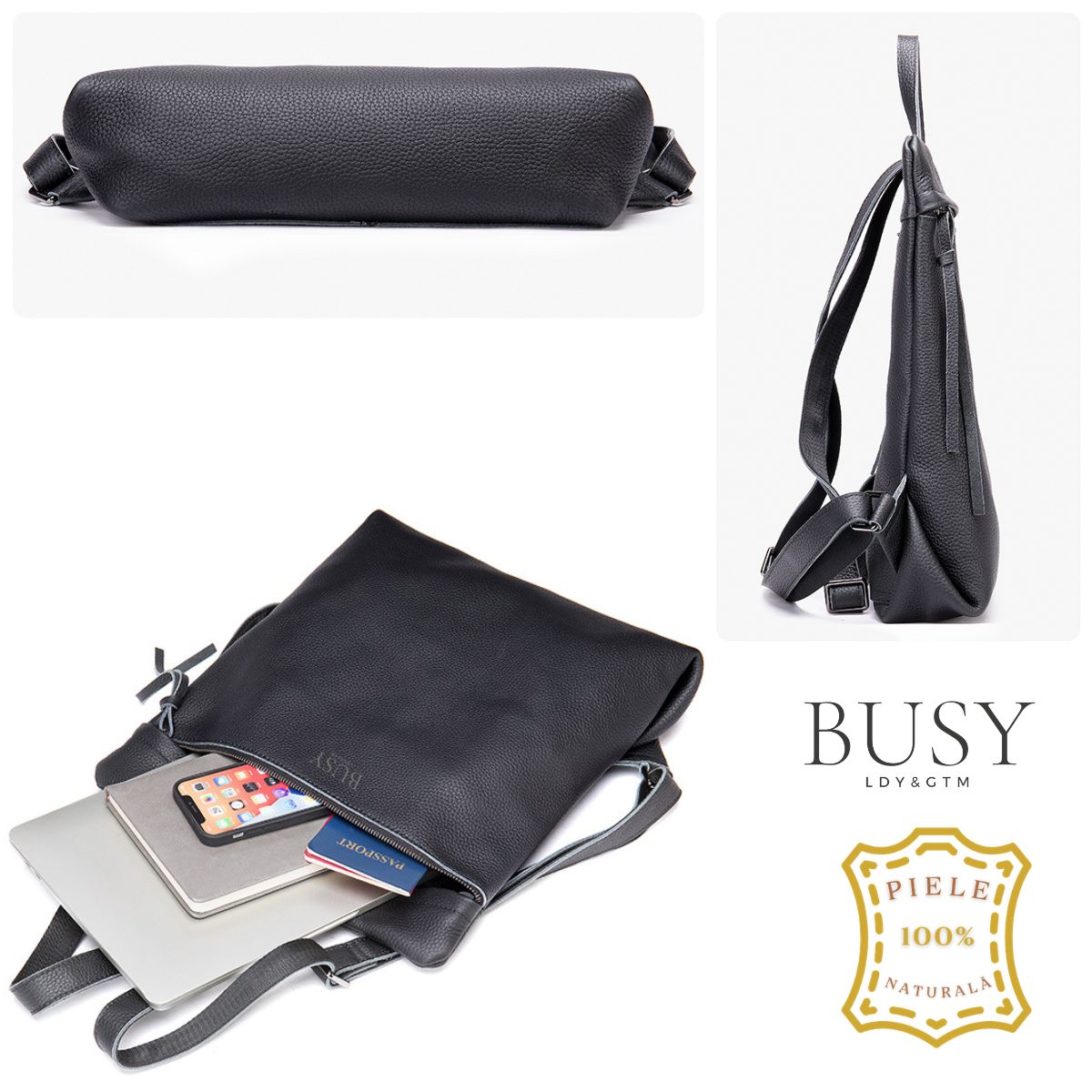 Rucsac minimalist din piele naturală BUSY Lady & Gentleman® Rebel - Negru