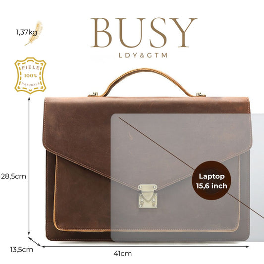 Servieta din piele naturala Crazy Horse, Laptop 15,6 inch, Horizon, maro