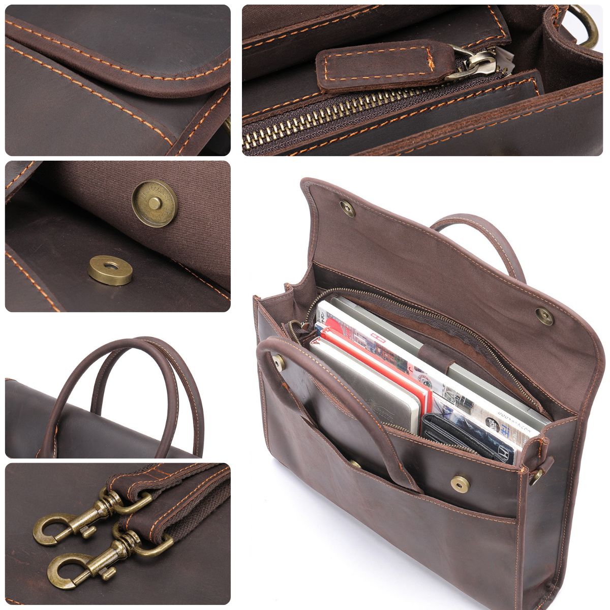 Servietă business din piele naturală Crazy Horse laptop 13.3inch, Tris - maro