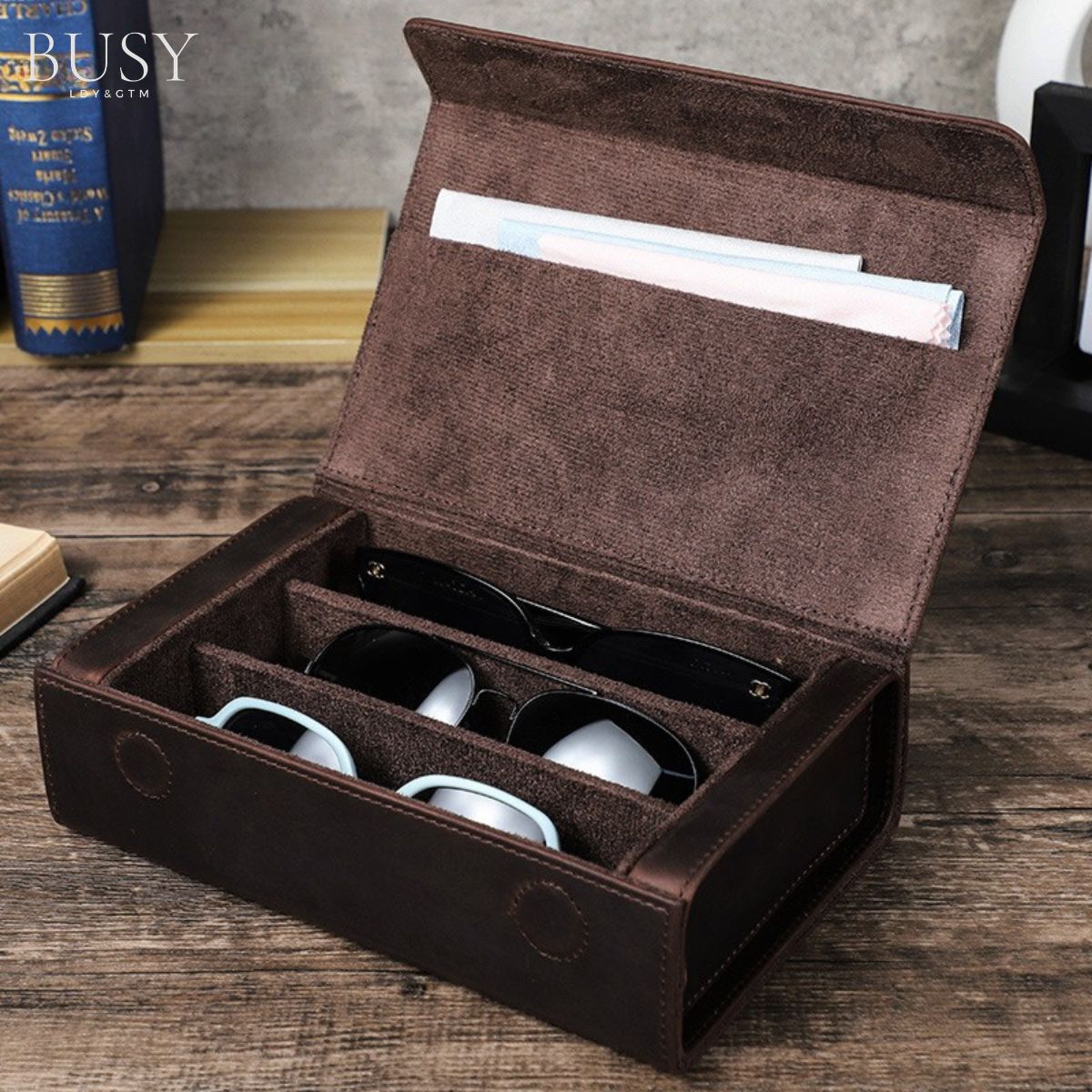 Toc pentru ochelari din piele naturala Crazy Horse, 3 perechi, BUSY LDY & GTM® - coffee