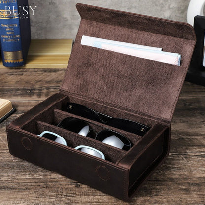 Toc pentru ochelari din piele naturala Crazy Horse, 3 perechi, BUSY LDY & GTM® - coffee