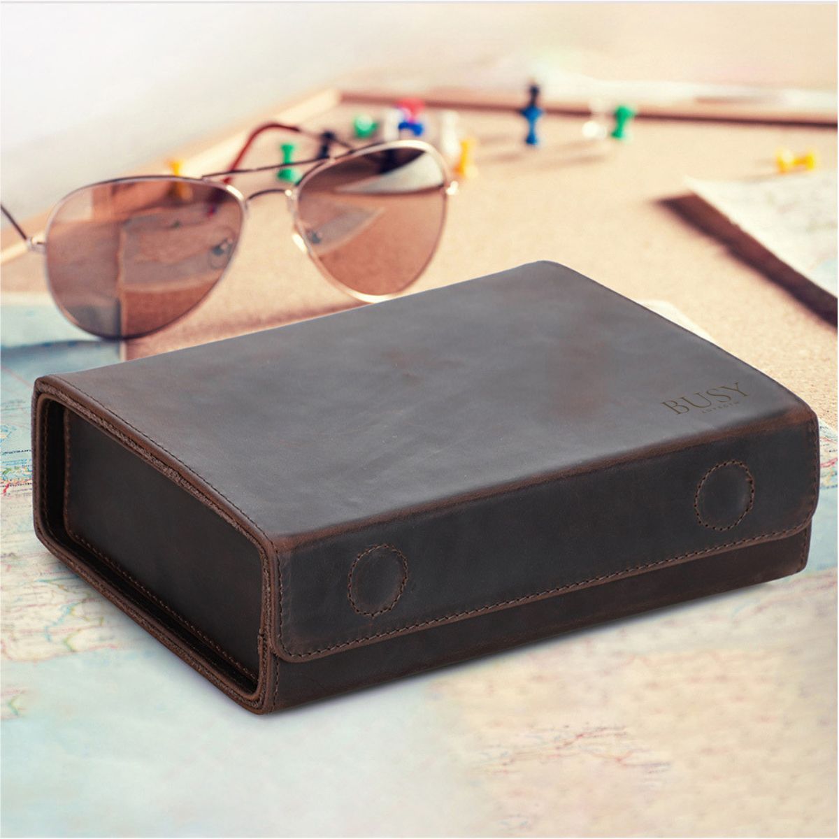 Toc pentru ochelari din piele naturala Crazy Horse, 3 perechi, BUSY LDY & GTM® - coffee