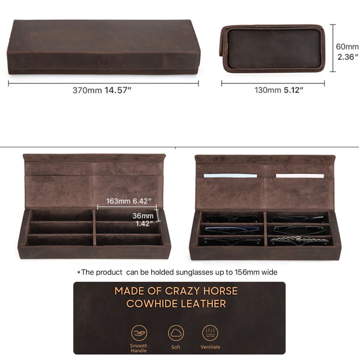 Toc pentru ochelari din piele naturala Crazy Horse, 6 perechi, BUSY LDY & GTM® - coffee