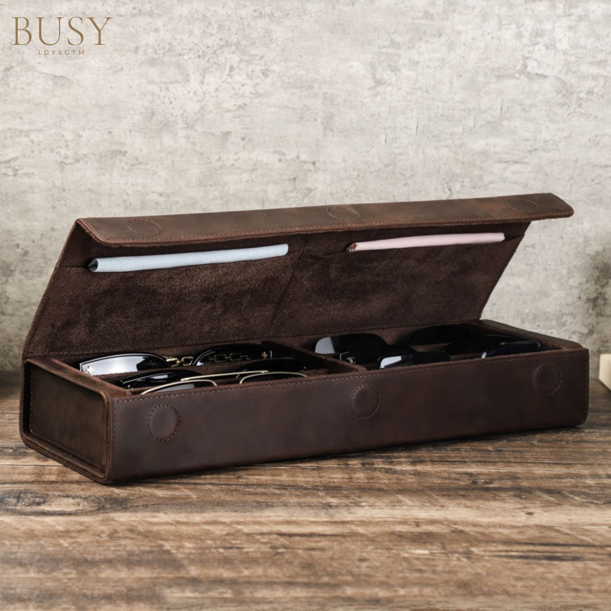 Toc pentru ochelari din piele naturala Crazy Horse, 6 perechi, BUSY LDY & GTM® - coffee