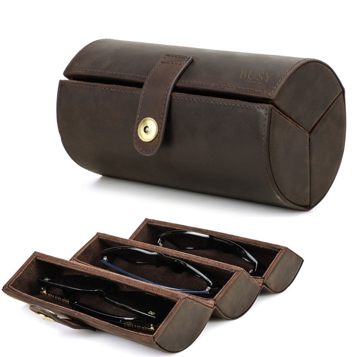 Toc pentru ochelari din piele naturala Crazy Horse, rotunda, 3 perechi, BUSY LDY & GTM® - coffee