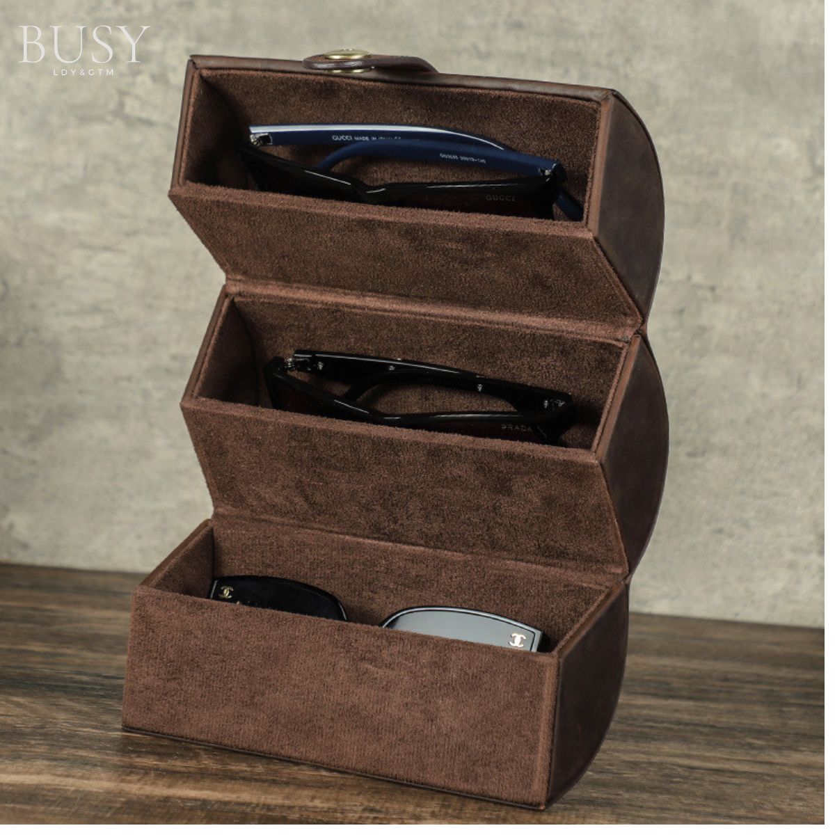 Toc pentru ochelari din piele naturala Crazy Horse, rotunda, 3 perechi, BUSY LDY & GTM® - coffee