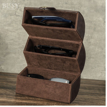 Toc pentru ochelari din piele naturala Crazy Horse, rotunda, 3 perechi, BUSY LDY & GTM® - coffee
