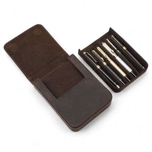 Toc premium stilouri, pixuri, din piele naturala Crazy Horse, 6 stilouri, Excellence BUSY LDY & GTM® - coffee