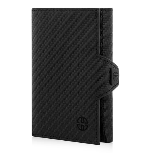 Portofel piele naturala cu protectie anti scanare carduri RFID, design compact trifold, Toscana - negru carbon fiber